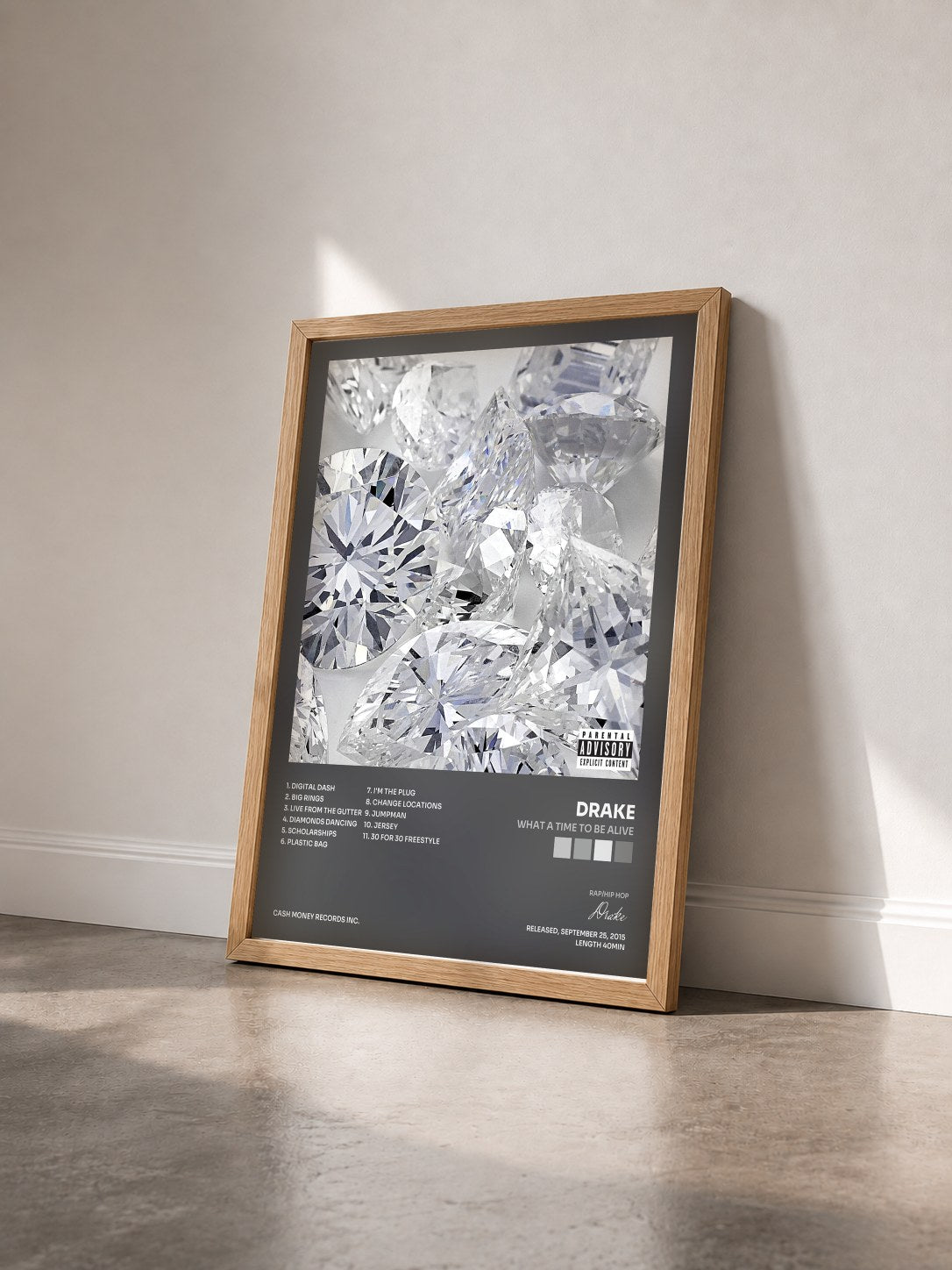 #bois Tableau de l'album What A Time To Be Alive de Drake vu de trois quarts, cadre en bois brut