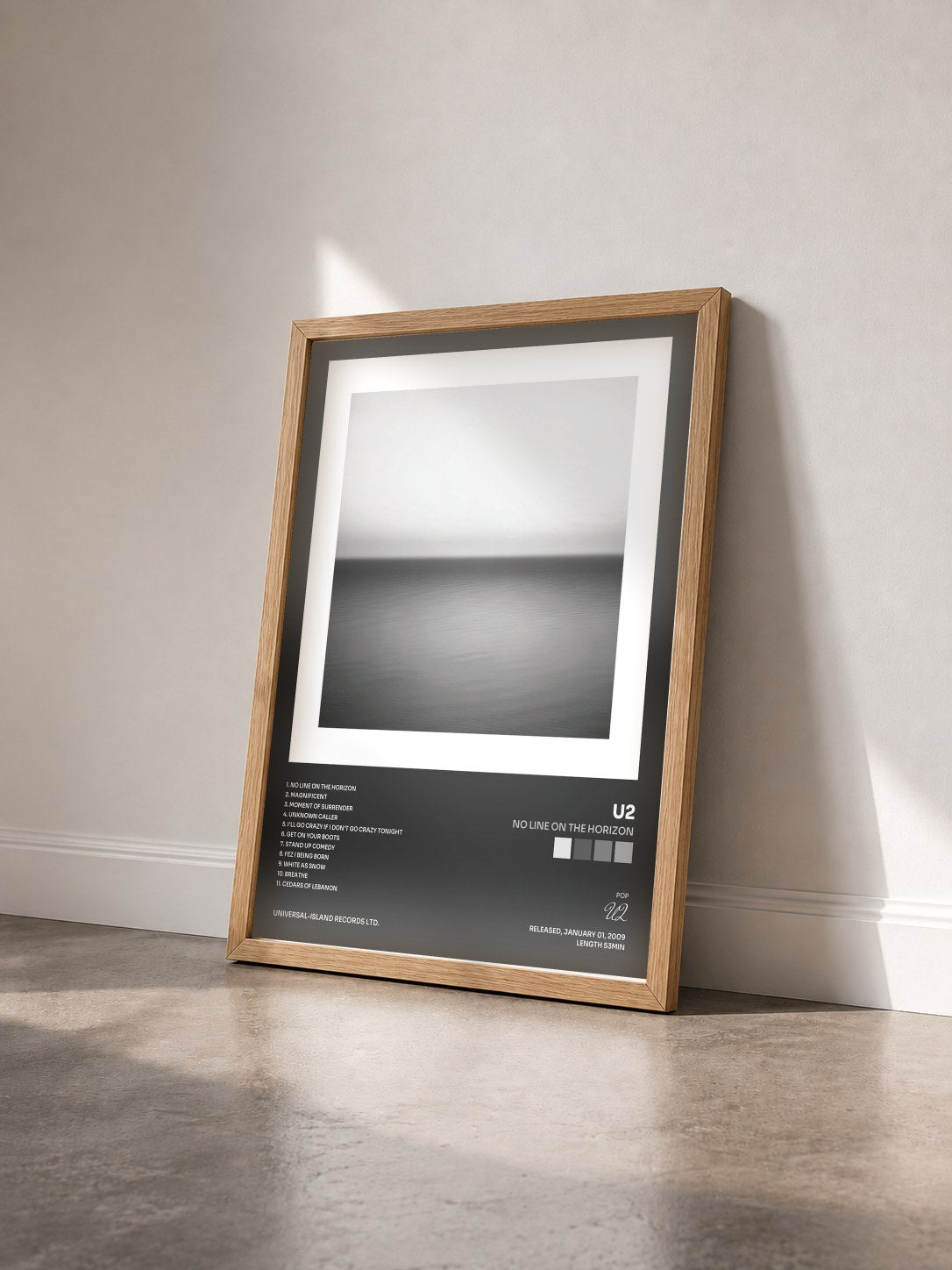 #bois Tableau de l'album No Line On The Horizon de U2 vu de trois quarts, cadre en bois brut