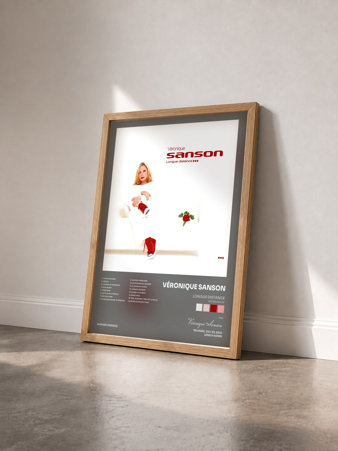#bois Tableau de l'album Longue distance (Edition Deluxe) de Véronique Sanson vu de trois quarts, cadre en bois brut