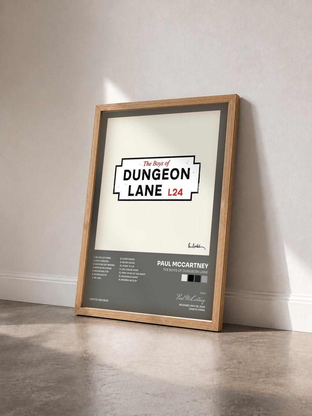 #bois Tableau de l'album The Boys of Dungeon Lane de Paul McCartney vu de trois quarts, cadre en bois brut