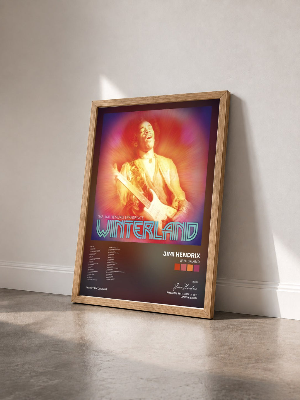 #bois Tableau de l'album Winterland de Jimi Hendrix vu de trois quarts, cadre en bois brut