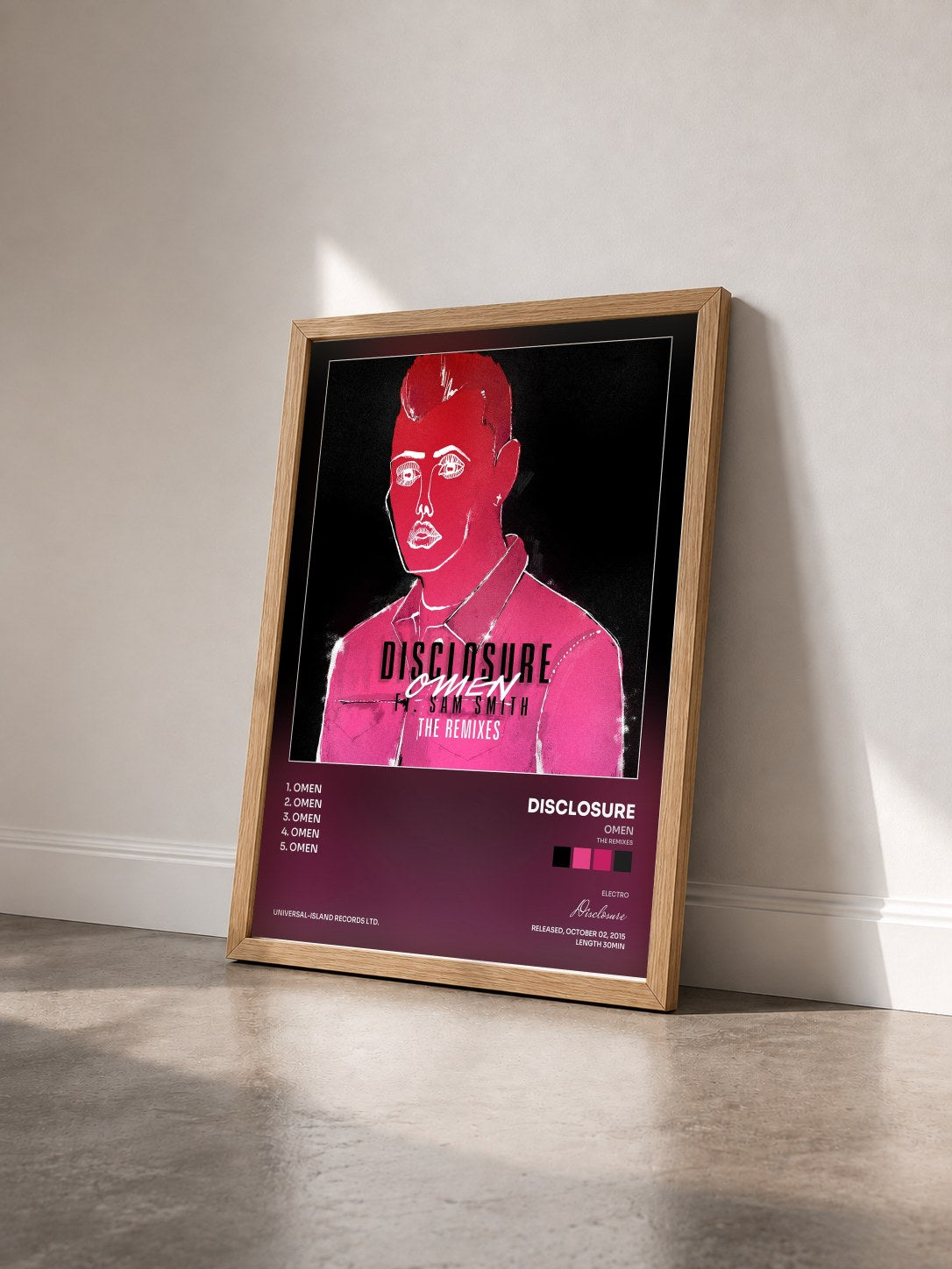 #bois Tableau de l'album Omen (The Remixes) de Disclosure vu de trois quarts, cadre en bois brut