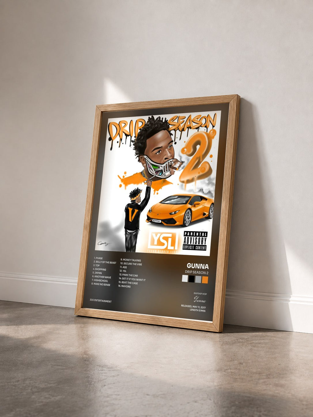 #bois Tableau de l'album Drip Season 2 de Gunna vu de trois quarts, cadre en bois brut