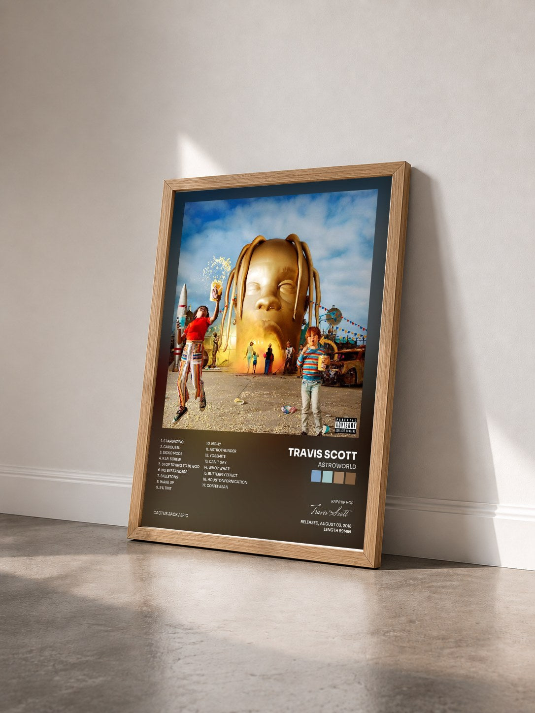 #bois Tableau de l'album ASTROWORLD de Travis Scott vu de trois quarts, cadre en bois brut