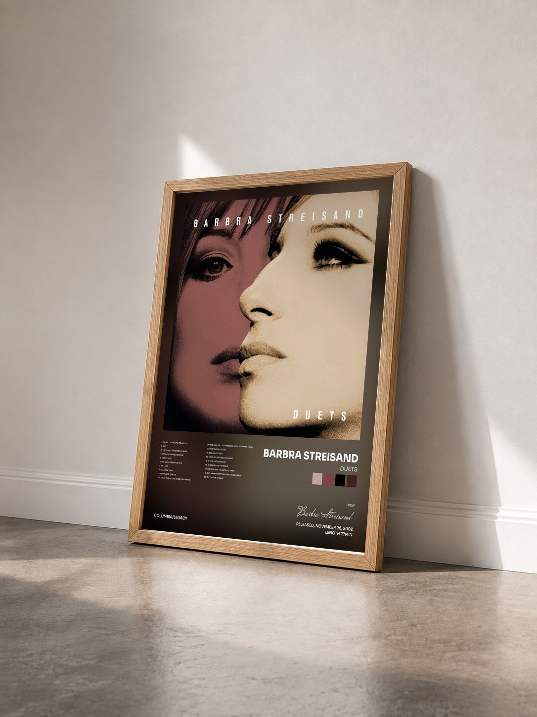 #bois Tableau de l'album Duets de Barbra Streisand vu de trois quarts, cadre en bois brut