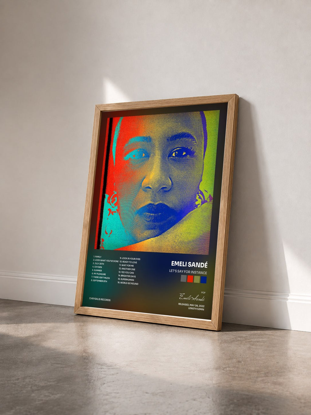 #bois Tableau de l'album Let's Say For Instance de Emeli Sandé vu de trois quarts, cadre en bois brut
