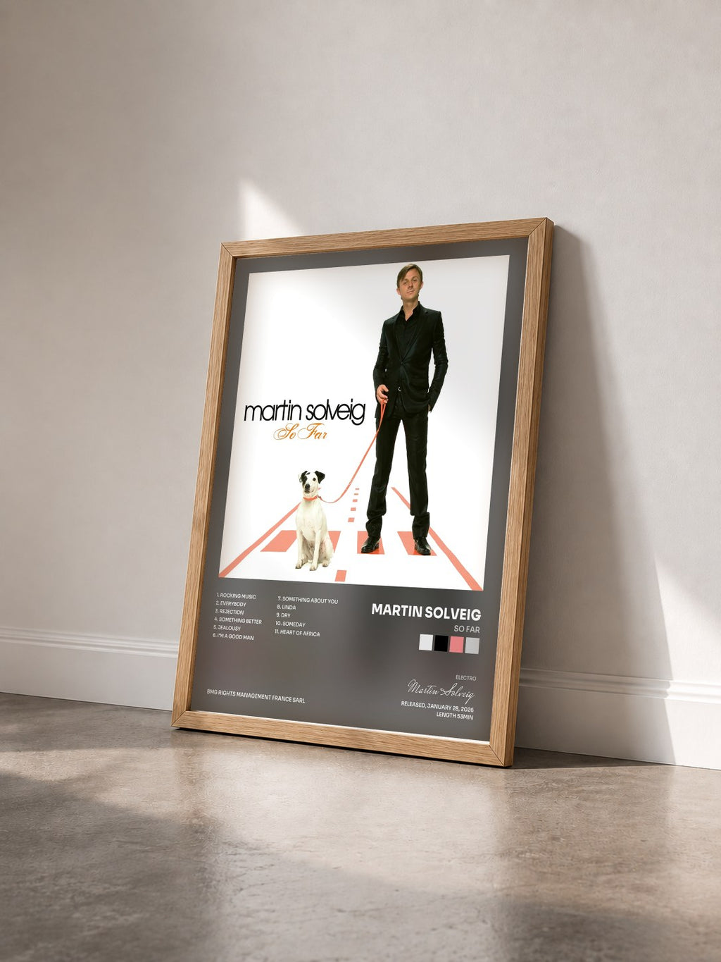 #bois Tableau de l'album So Far de Martin Solveig vu de trois quarts, cadre en bois brut