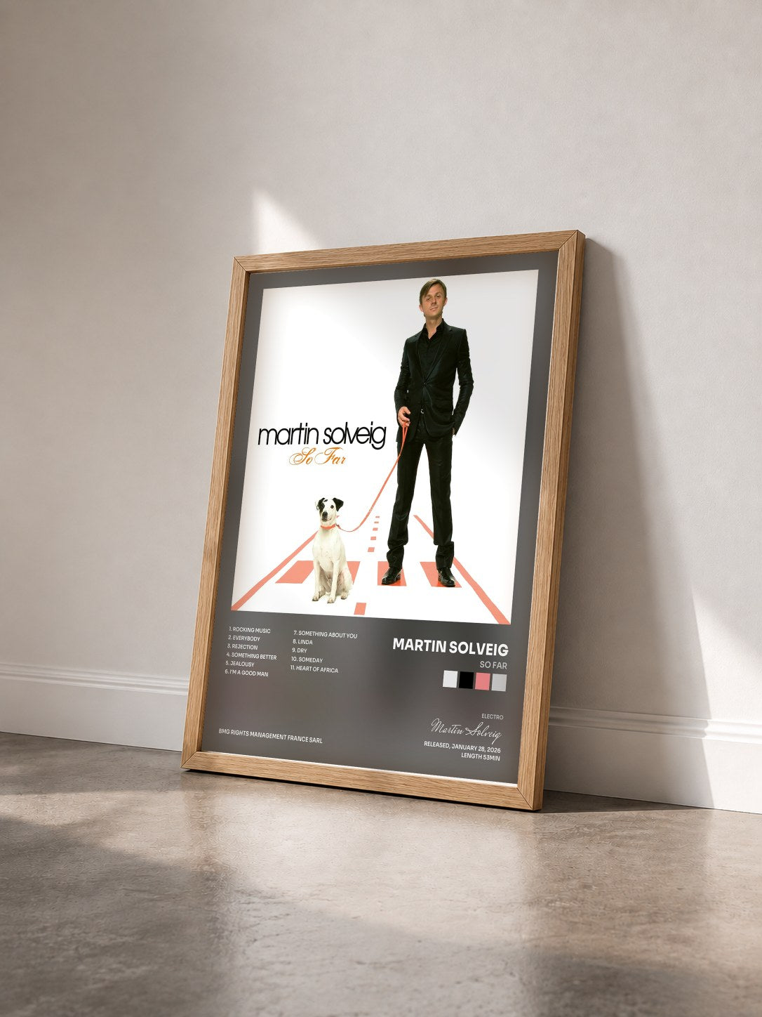 #bois Tableau de l'album So Far de Martin Solveig vu de trois quarts, cadre en bois brut