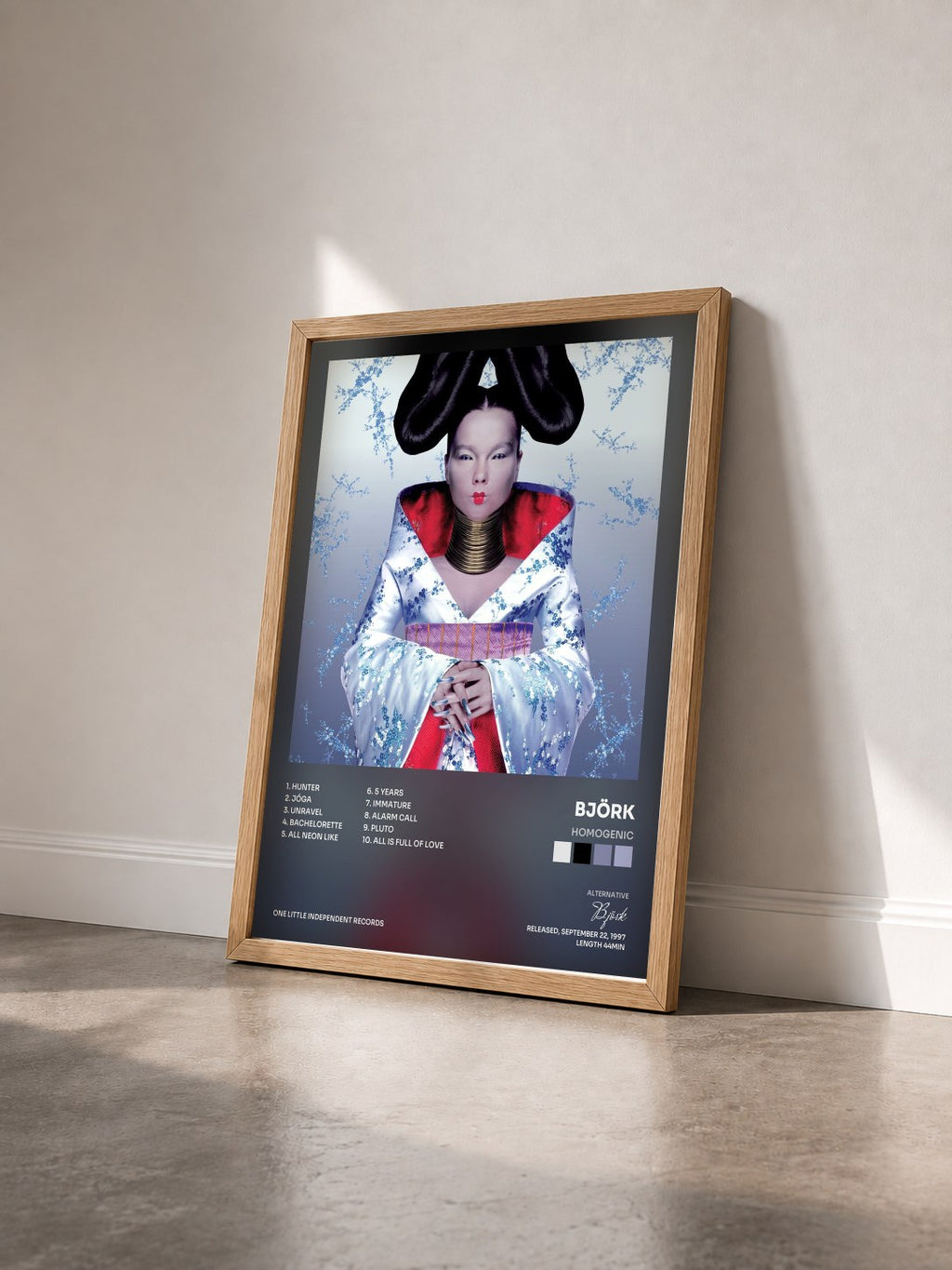 #bois Tableau de l'album Homogenic de Björk vu de trois quarts, cadre en bois brut