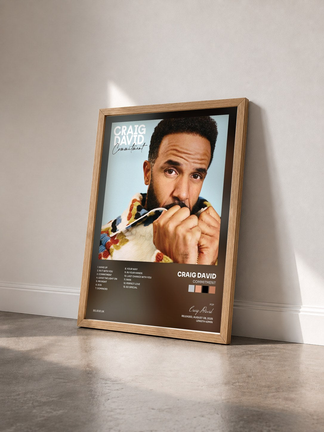 #bois Tableau de l'album Commitment de Craig David vu de trois quarts, cadre en bois brut
