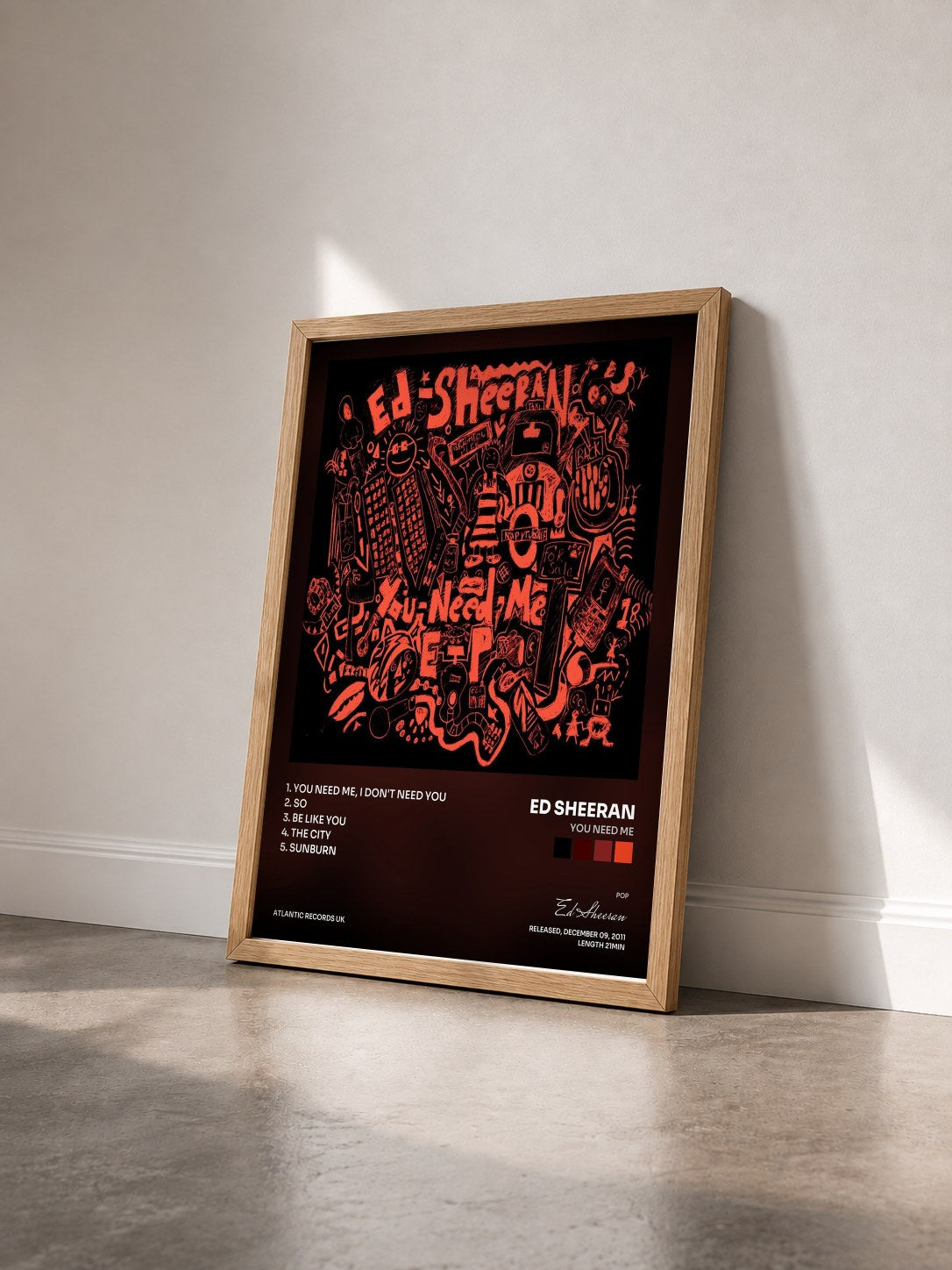 #bois Tableau de l'album You Need Me de Ed Sheeran vu de trois quarts, cadre en bois brut