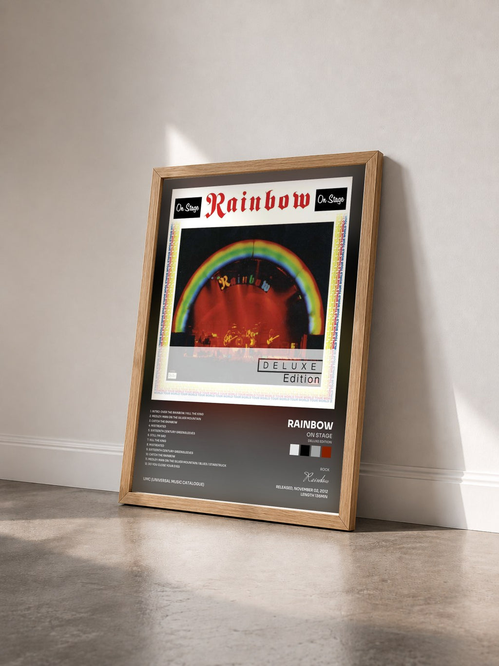 #bois Tableau de l'album On Stage (Deluxe Edition) de Rainbow vu de trois quarts, cadre en bois brut