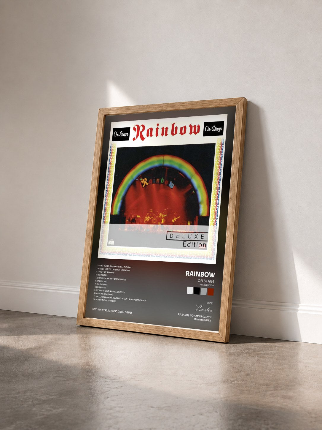 #bois Tableau de l'album On Stage (Deluxe Edition) de Rainbow vu de trois quarts, cadre en bois brut