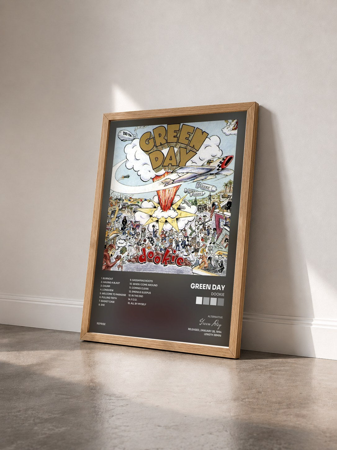 #bois Tableau de l'album Dookie de Green Day vu de trois quarts, cadre en bois brut