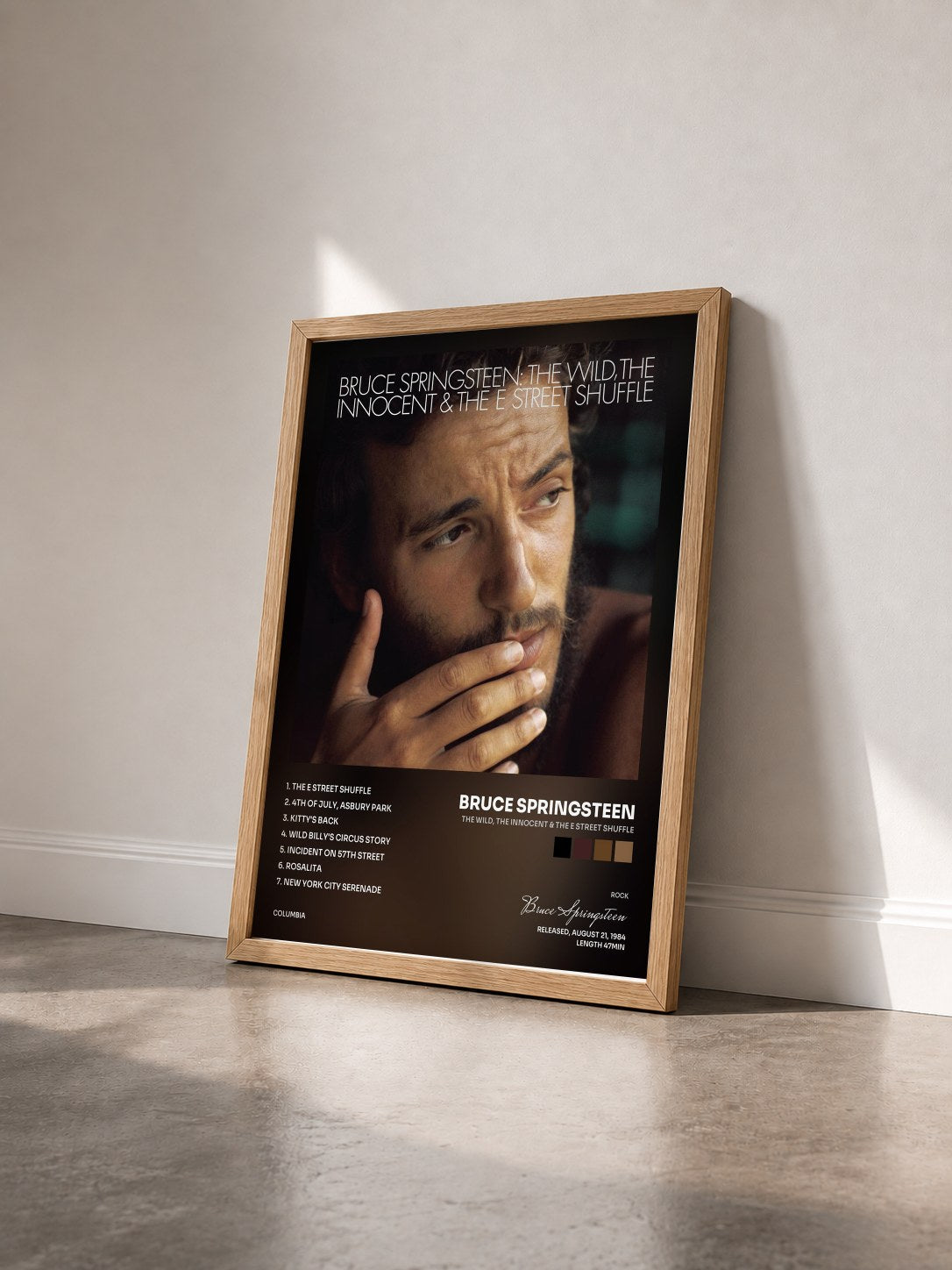 #bois Tableau de l'album The Wild, the Innocent & The E Street Shuffle de Bruce Springsteen vu de trois quarts, cadre en bois brut