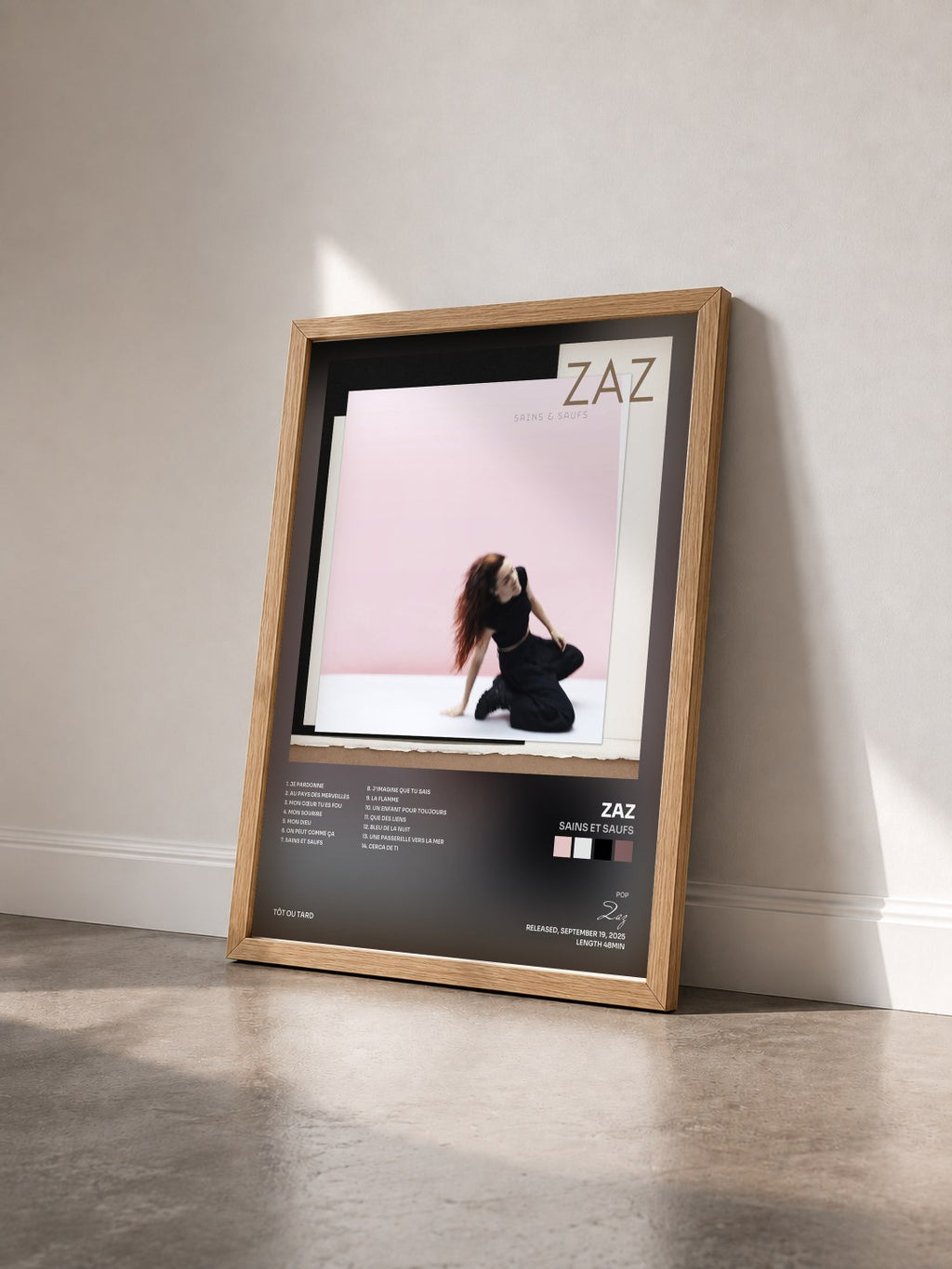 #bois Tableau de l'album Sains et saufs de Zaz vu de trois quarts, cadre en bois brut