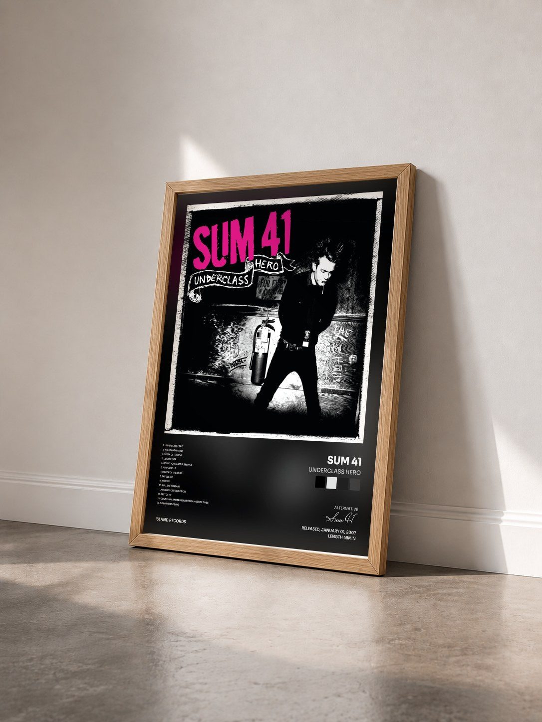 #bois Tableau de l'album Underclass Hero de Sum 41 vu de trois quarts, cadre en bois brut