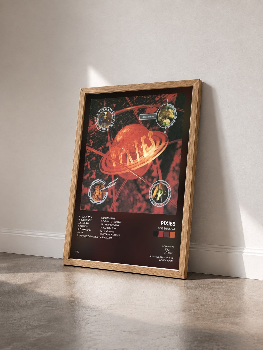 #bois Tableau de l'album Bossanova de Pixies vu de trois quarts, cadre en bois brut