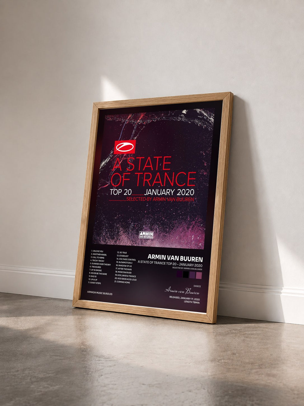 #bois Tableau de l'album A State Of Trance Top 20 - January 2020 (Selected by Armin van Buuren) de Armin van Buuren vu de trois quarts, cadre en bois brut
