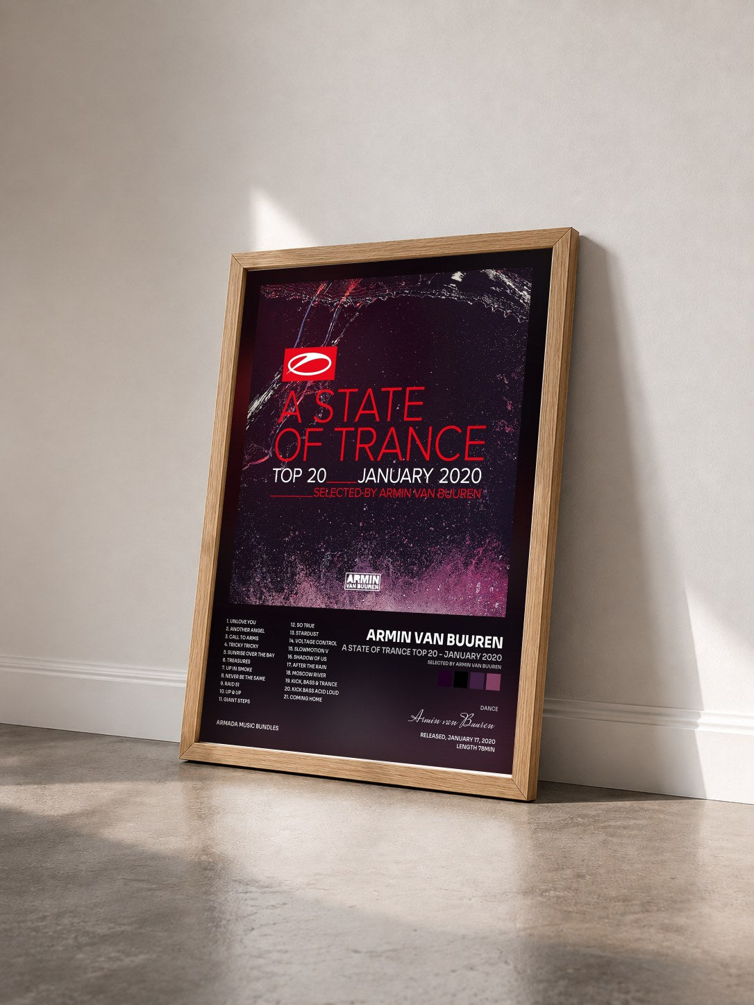 #bois Tableau de l'album A State Of Trance Top 20 - January 2020 (Selected by Armin van Buuren) de Armin van Buuren vu de trois quarts, cadre en bois brut