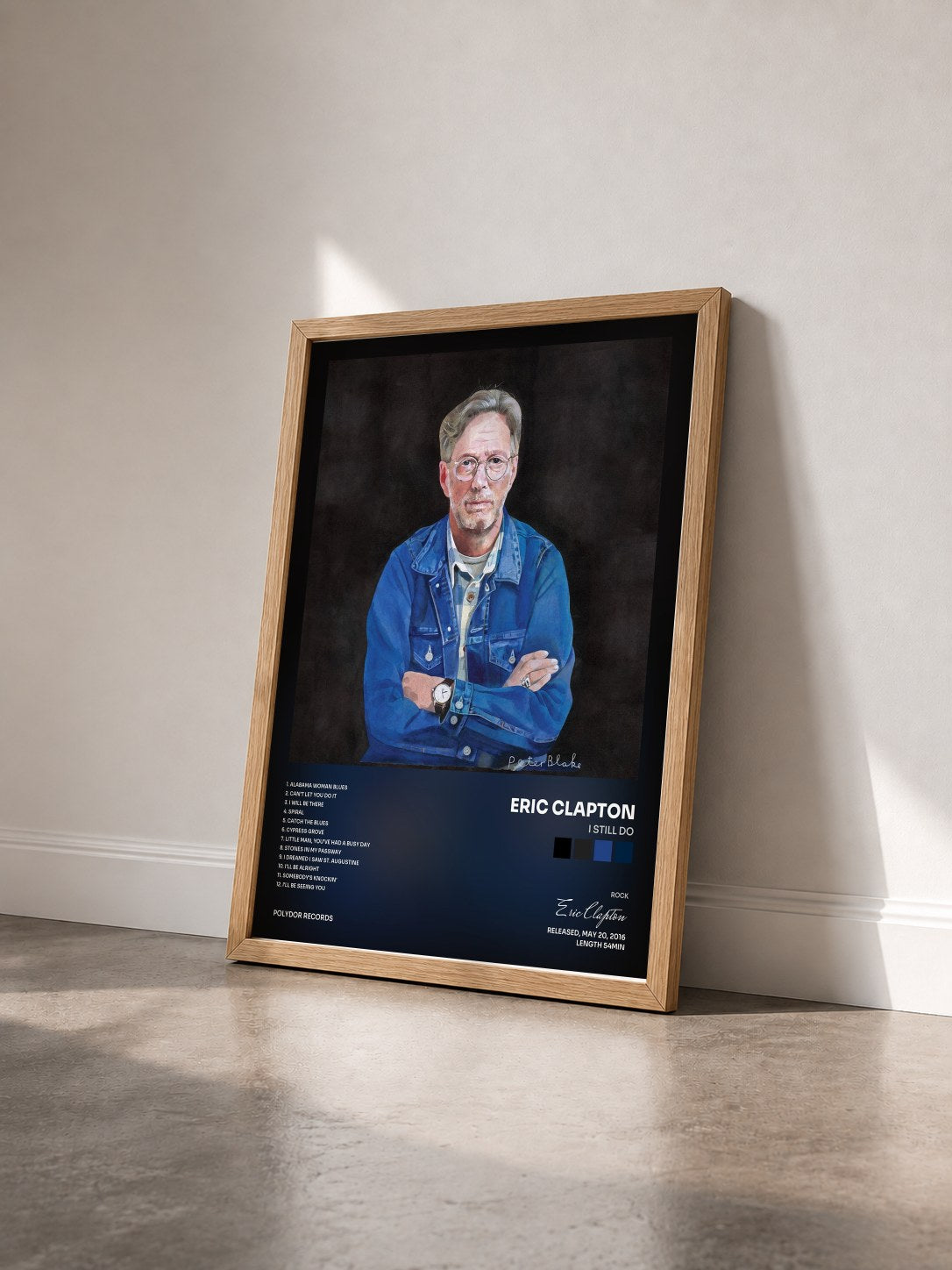 #bois Tableau de l'album I Still Do de Eric Clapton vu de trois quarts, cadre en bois brut