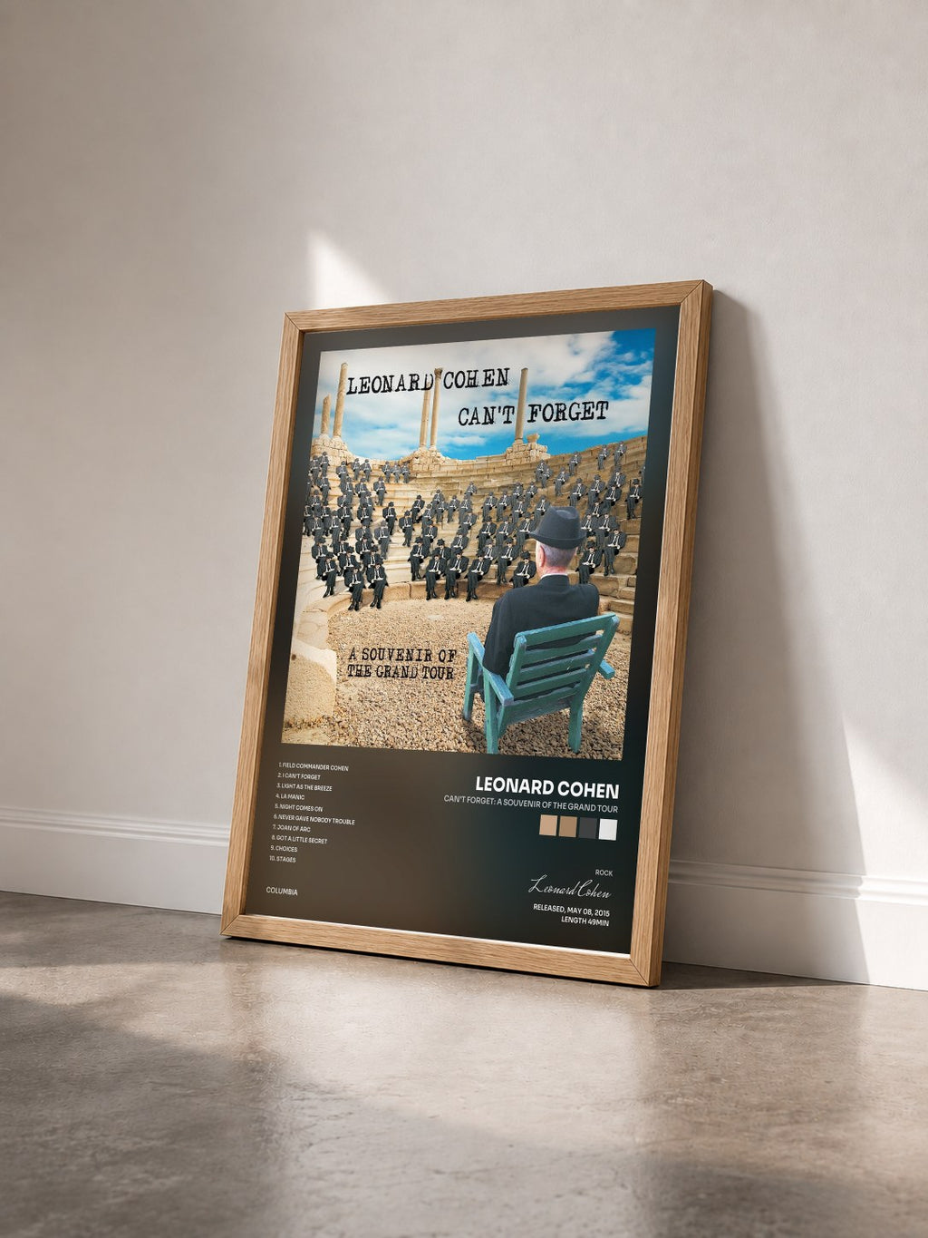 #bois Tableau de l'album Can't Forget: A Souvenir of the Grand Tour de Leonard Cohen vu de trois quarts, cadre en bois brut