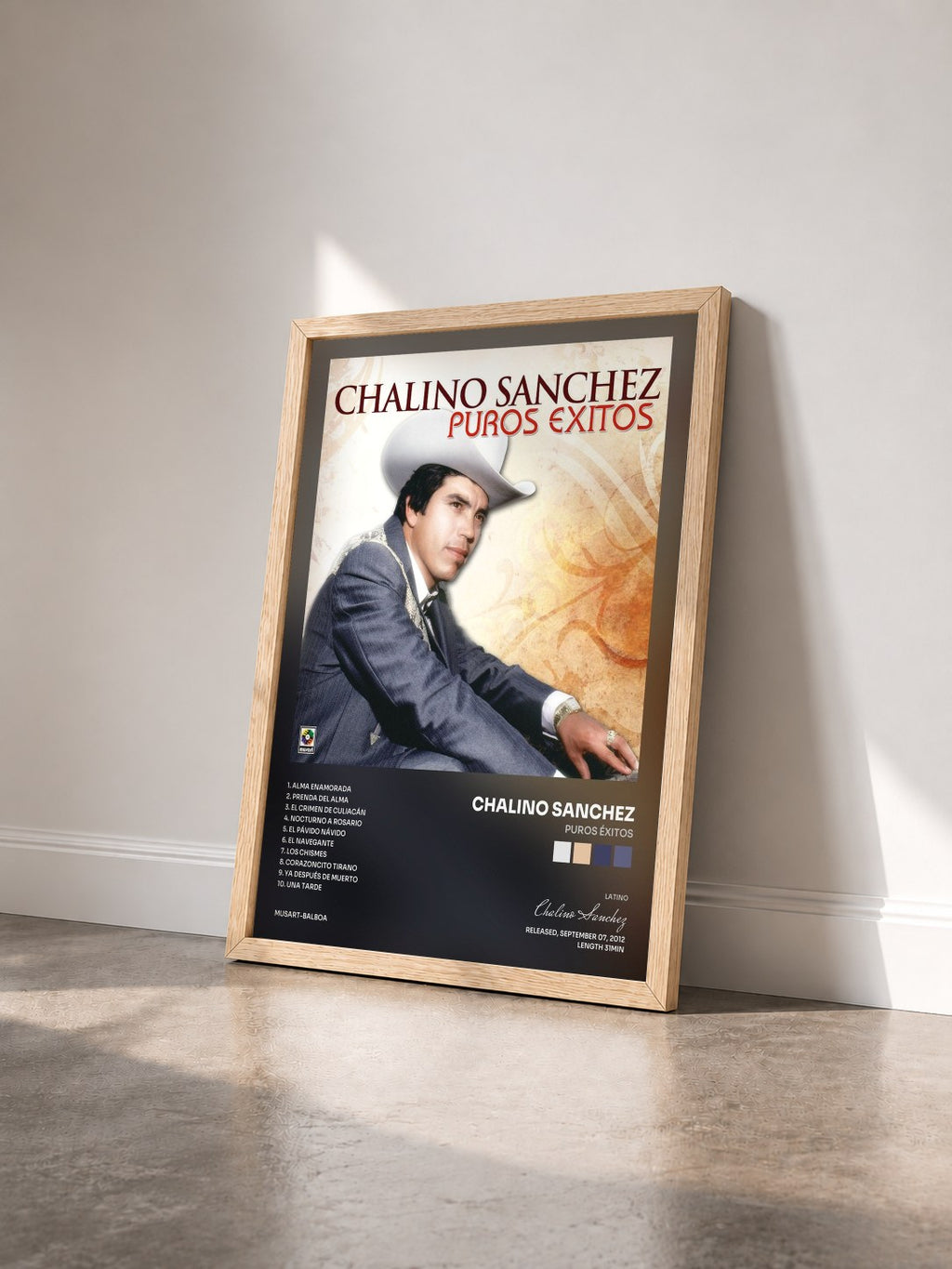 #bois Tableau de l'album Puros Éxitos de Chalino Sanchez vu de trois quarts, cadre en bois brut