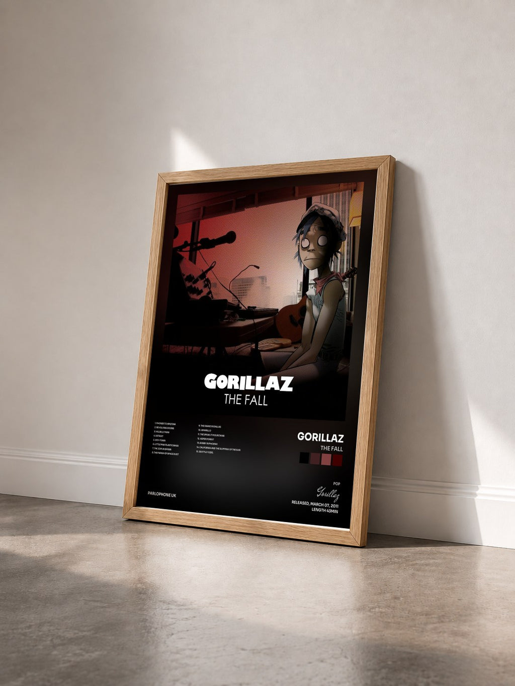 #bois Tableau de l'album The Fall de Gorillaz vu de trois quarts, cadre en bois brut
