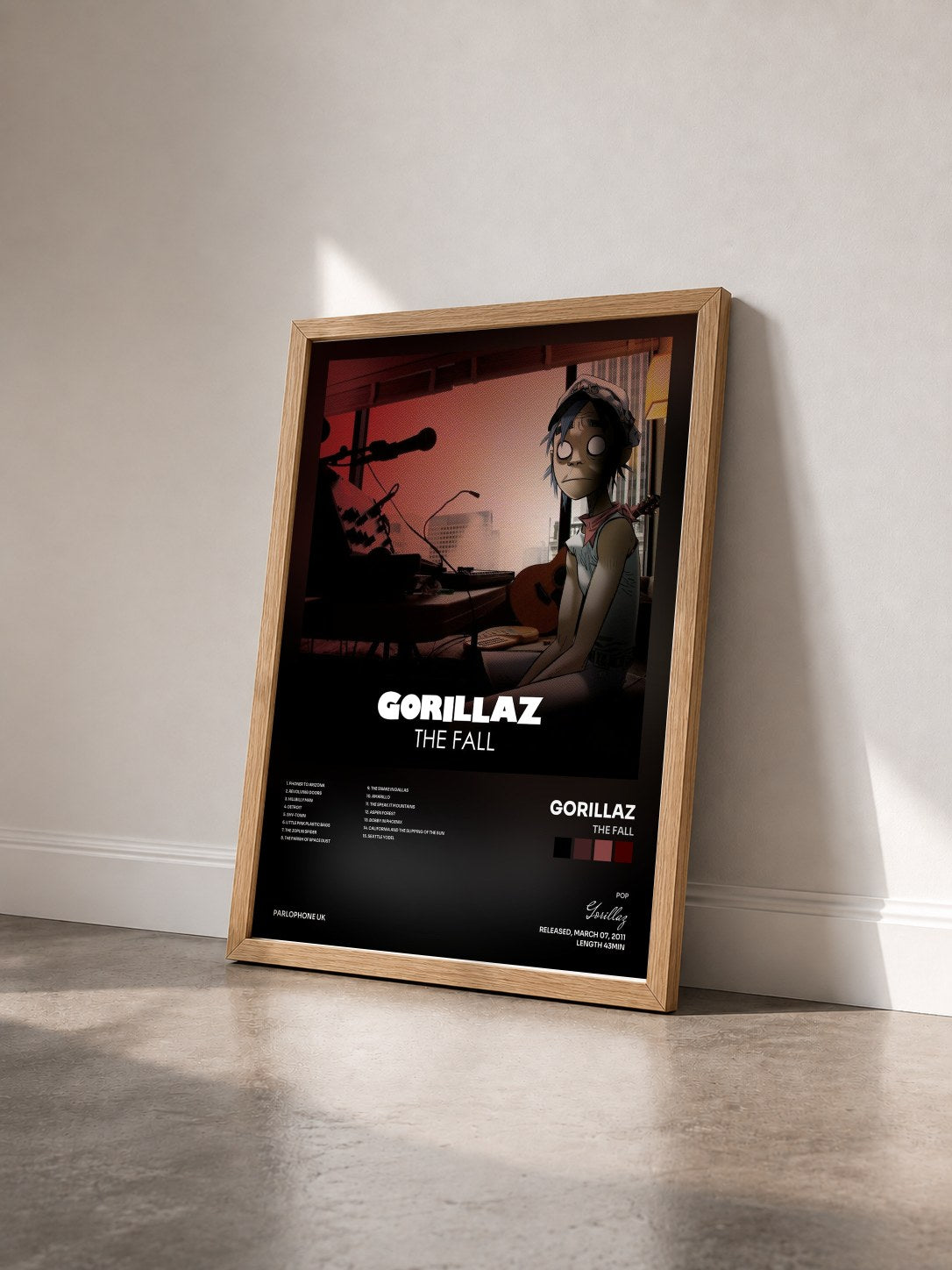 #bois Tableau de l'album The Fall de Gorillaz vu de trois quarts, cadre en bois brut