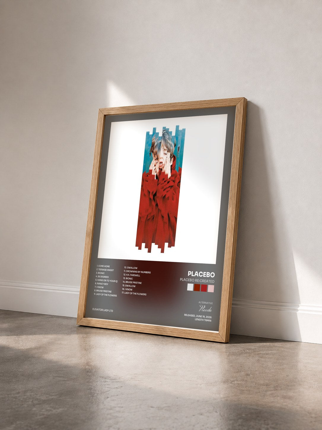 #bois Tableau de l'album Placebo RE:CREATED de Placebo vu de trois quarts, cadre en bois brut