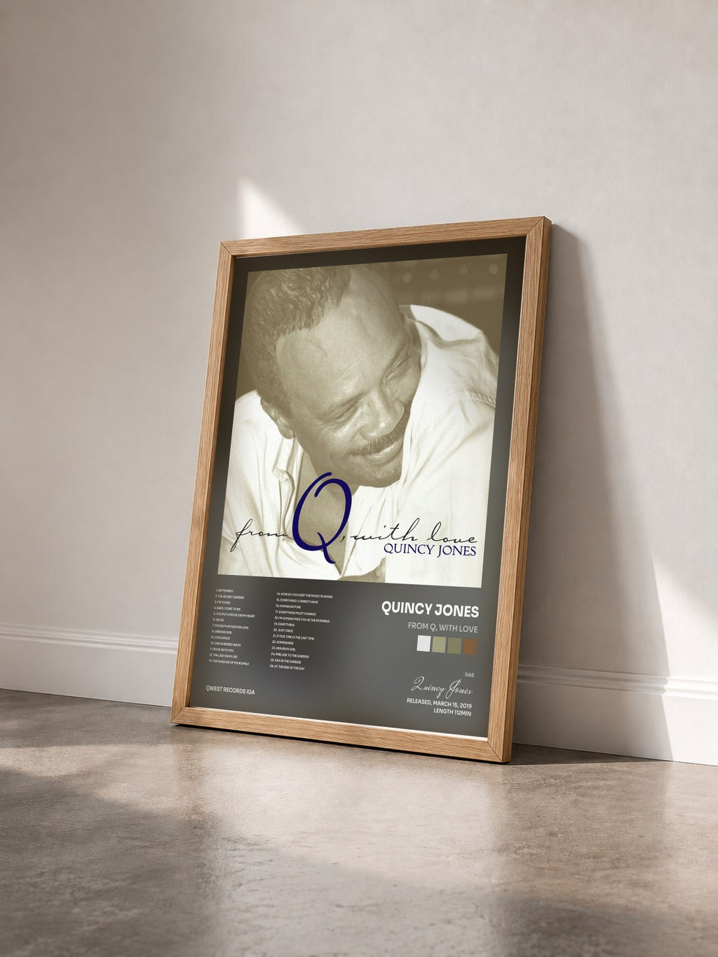 #bois Tableau de l'album From Q, With Love de Quincy Jones vu de trois quarts, cadre en bois brut