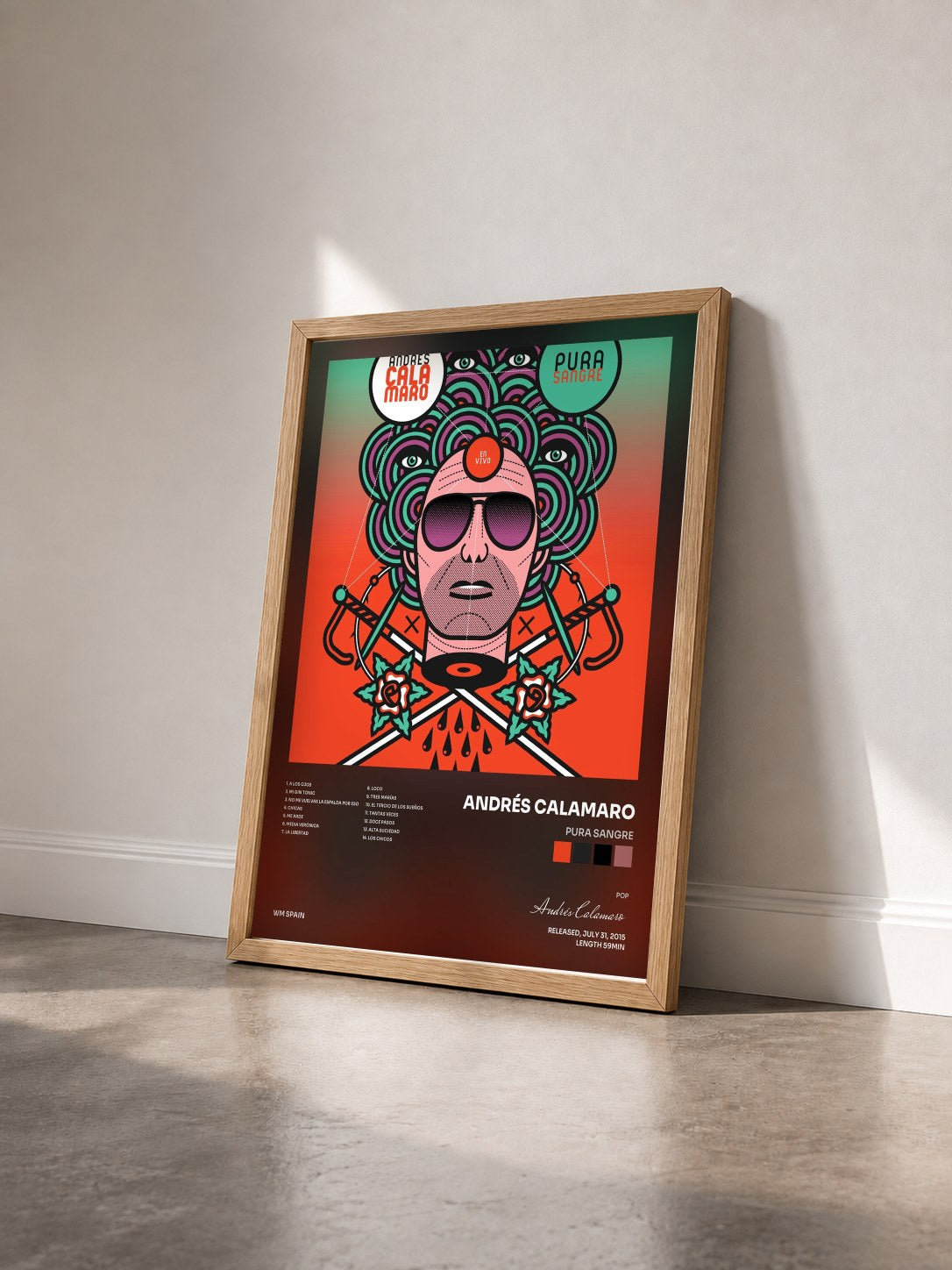 #bois Tableau de l'album Pura sangre de Andrés Calamaro vu de trois quarts, cadre en bois brut