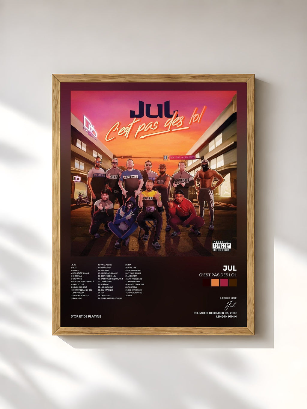 #bois Tableau de l'album C'est pas des LOL de Jul, cadre en bois brut, imprimé et encadré en France