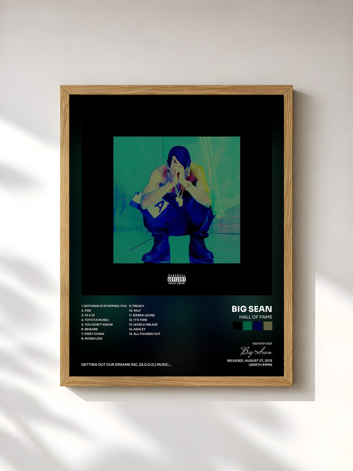 #bois Tableau de l'album Hall Of Fame de Big Sean, cadre en bois brut, imprimé et encadré en France