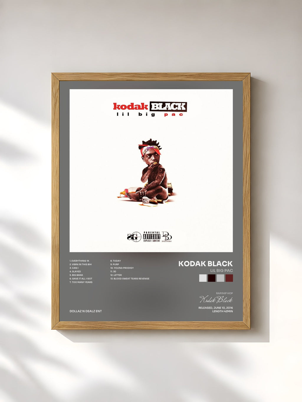 #bois Tableau de l'album Lil Big Pac de Kodak Black, cadre en bois brut, imprimé et encadré en France
