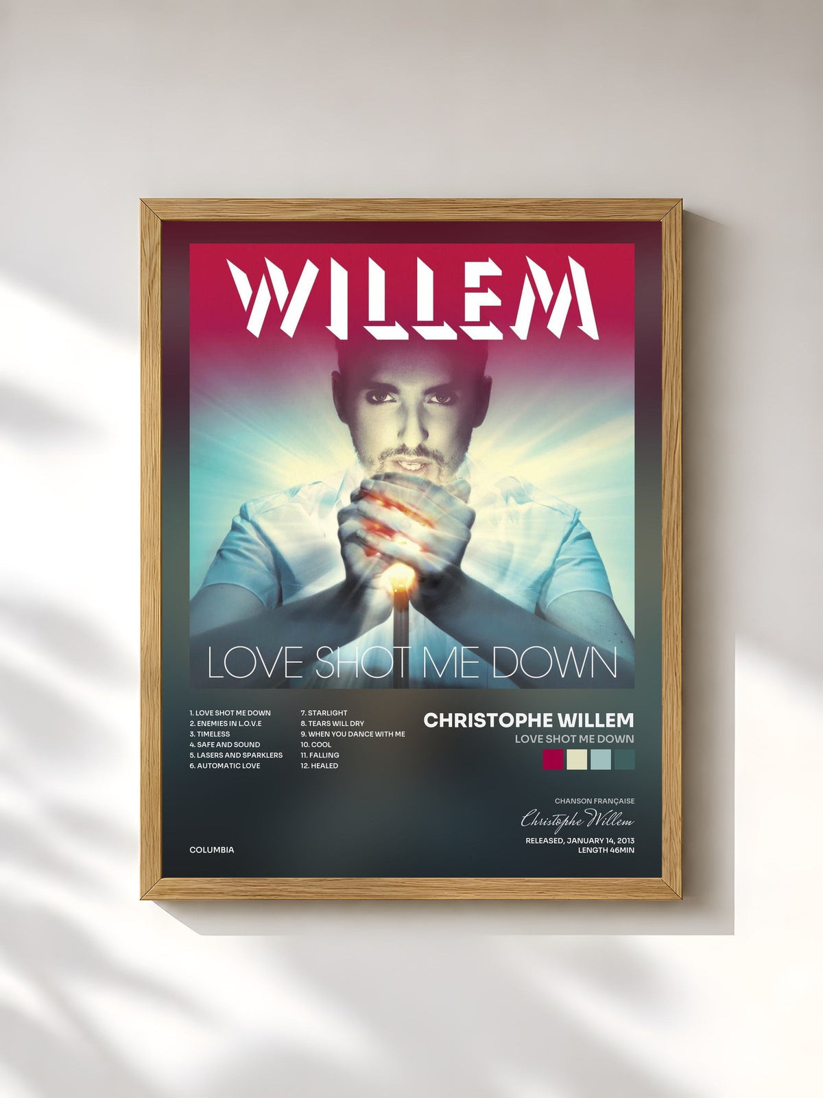 #bois Tableau de l'album Love Shot Me Down de Christophe Willem, cadre en bois brut, imprimé et encadré en France