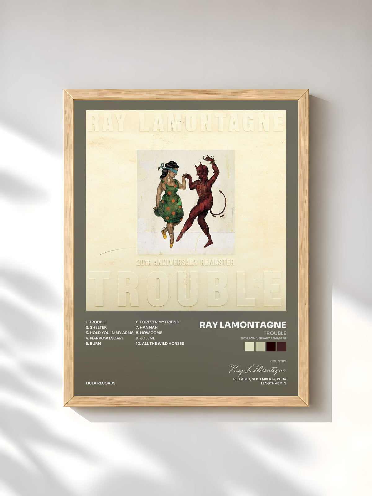 #bois Tableau de l'album Trouble (20th Anniversary Remaster) de Ray LaMontagne, cadre en bois brut, imprimé et encadré en France