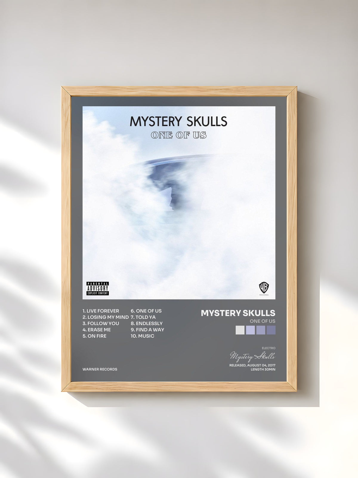#bois Tableau de l'album One of Us de Mystery Skulls, cadre en bois brut, imprimé et encadré en France