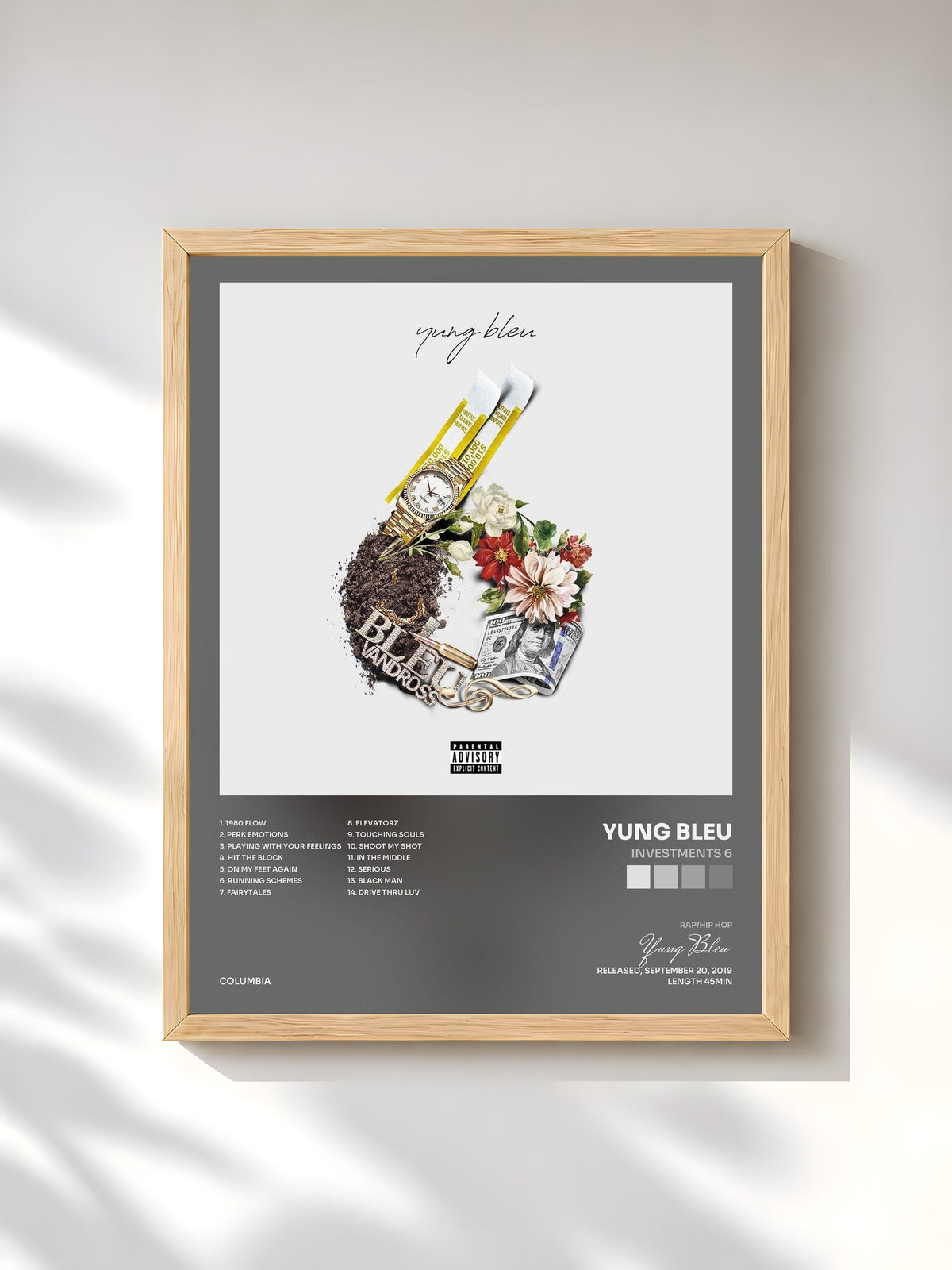 #bois Tableau de l'album Investments 6 de Yung Bleu, cadre en bois brut, imprimé et encadré en France