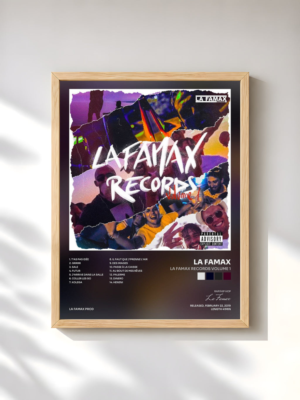 #bois Tableau de l'album La Famax Records Volume 1 de La Famax, cadre en bois brut, imprimé et encadré en France