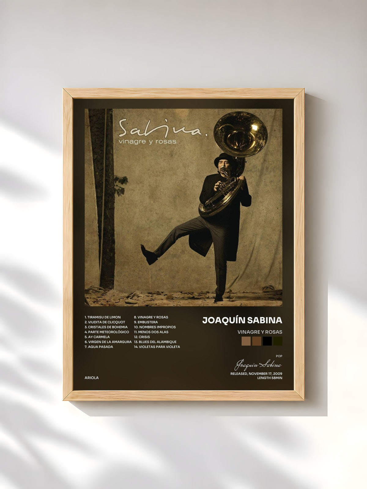 #bois Tableau de l'album Vinagre Y Rosas de Joaquín Sabina, cadre en bois brut, imprimé et encadré en France