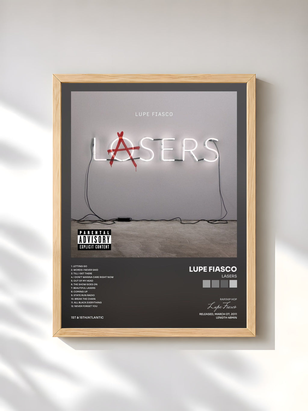#bois Tableau de l'album Lasers de Lupe Fiasco, cadre en bois brut, imprimé et encadré en France