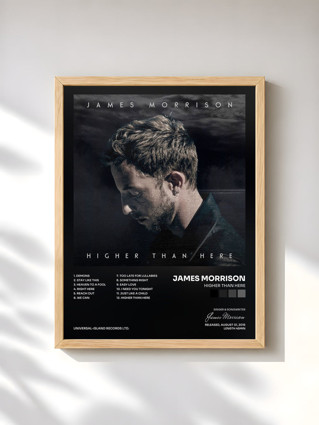 #bois Tableau de l'album Higher Than Here de James Morrison, cadre en bois brut, imprimé et encadré en France