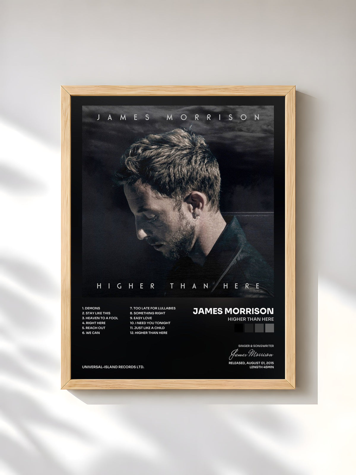 #bois Tableau de l'album Higher Than Here de James Morrison, cadre en bois brut, imprimé et encadré en France