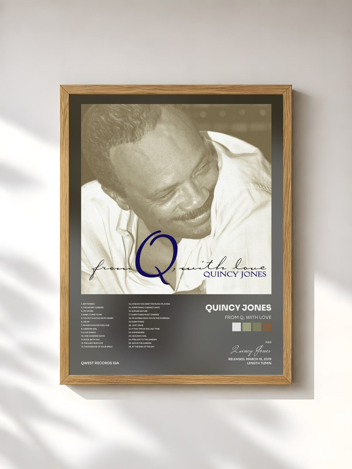#bois Tableau de l'album From Q, With Love de Quincy Jones, cadre en bois brut, imprimé et encadré en France