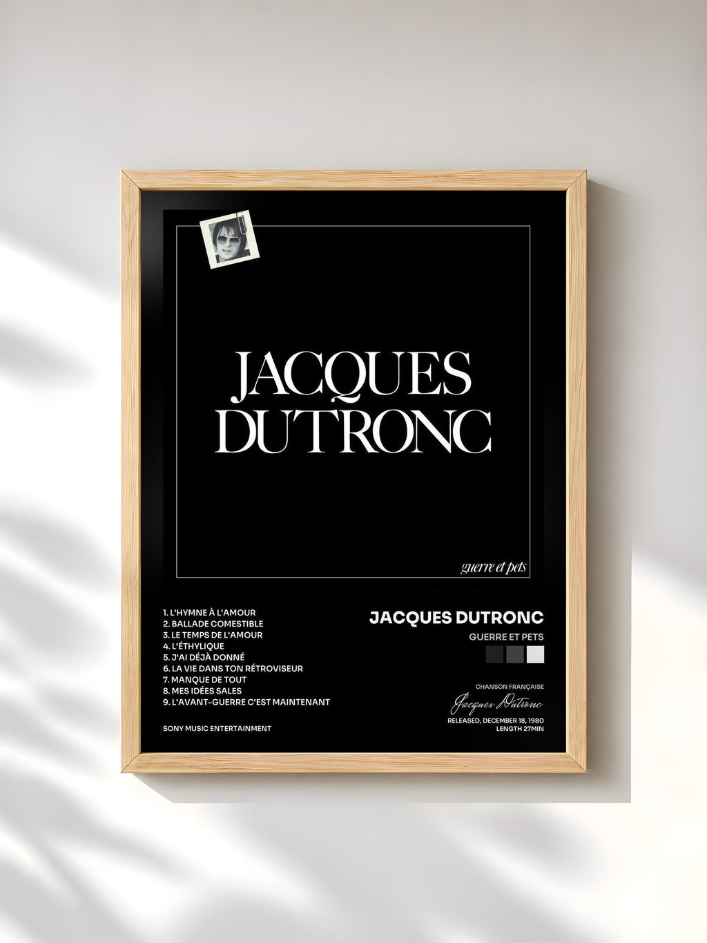 #bois Tableau de l'album Guerre et pets de Jacques Dutronc, cadre en bois brut, imprimé et encadré en France