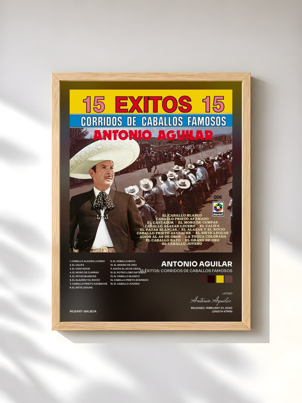 #bois Tableau de l'album 15 Éxitos: Corridos de Caballos Famosos de Antonio Aguilar, cadre en bois brut, imprimé et encadré en France