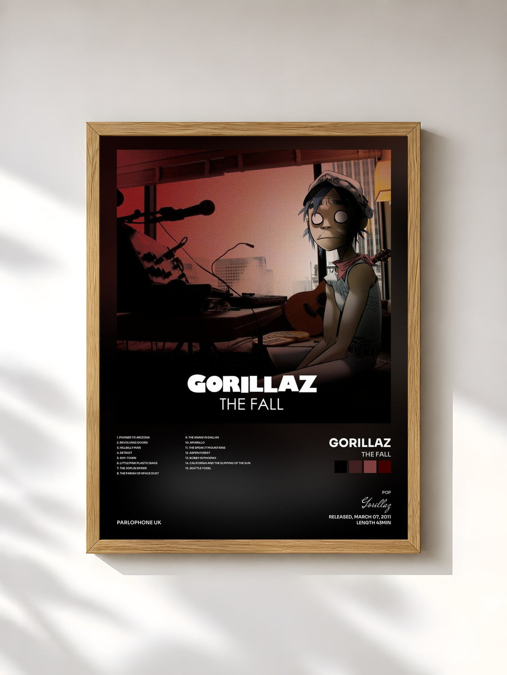 #bois Tableau de l'album The Fall de Gorillaz, cadre en bois brut, imprimé et encadré en France