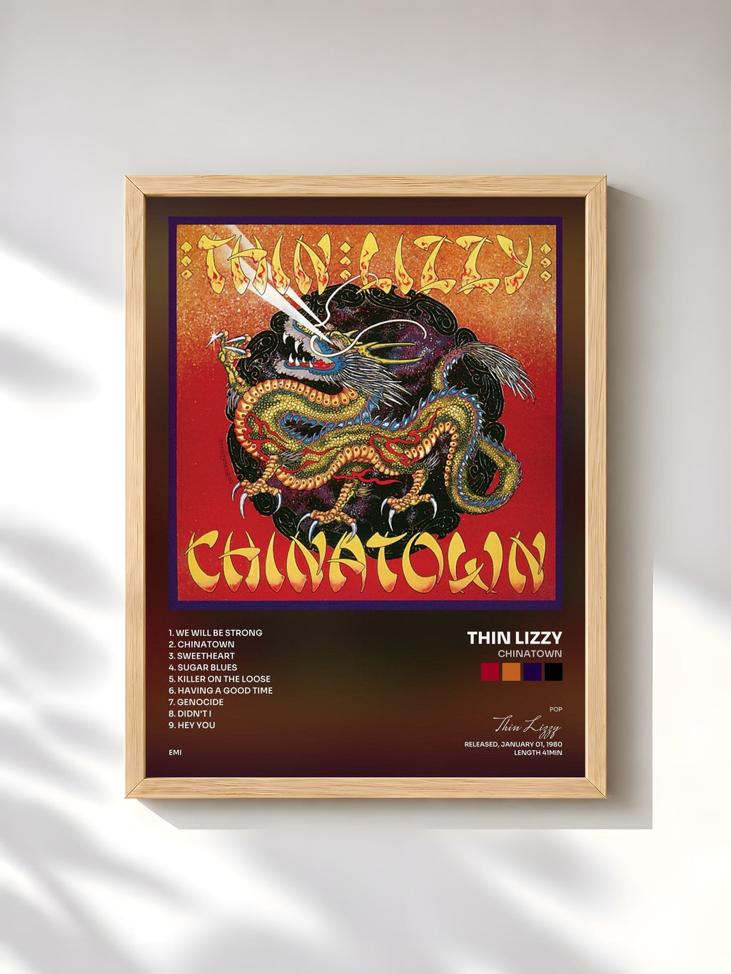 #bois Tableau de l'album Chinatown de Thin Lizzy, cadre en bois brut, imprimé et encadré en France