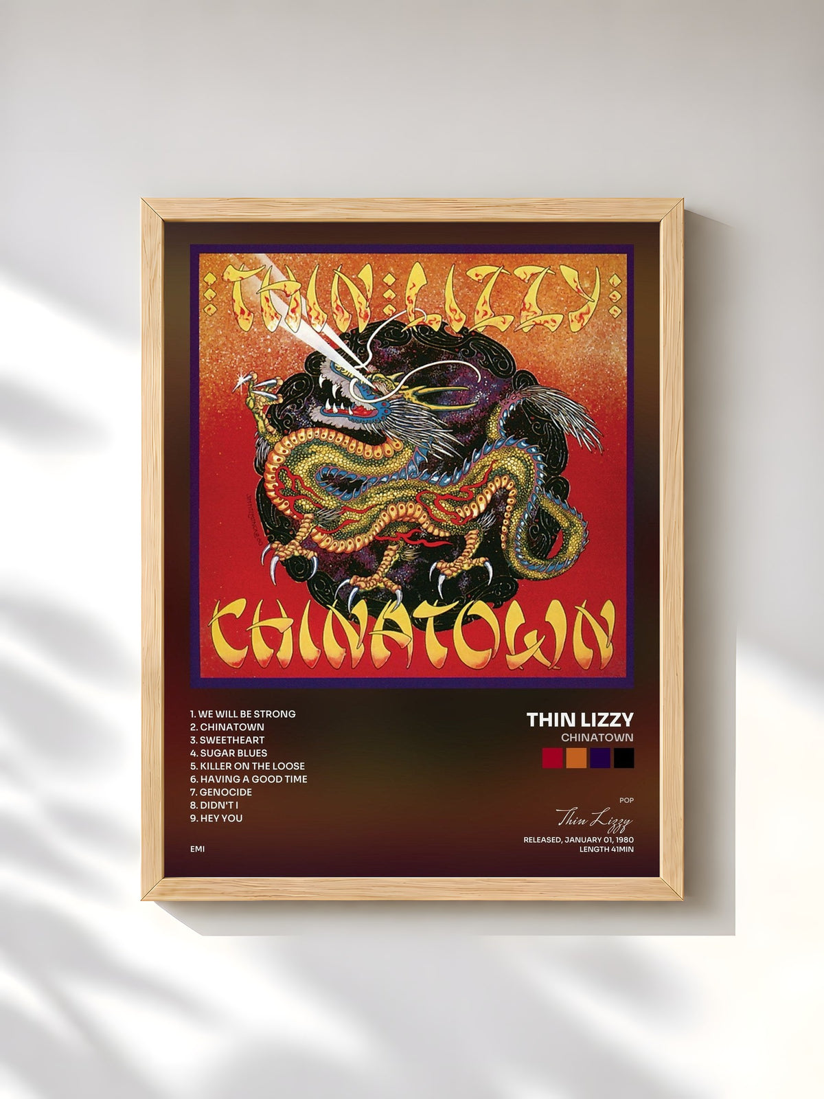#bois Tableau de l'album Chinatown de Thin Lizzy, cadre en bois brut, imprimé et encadré en France